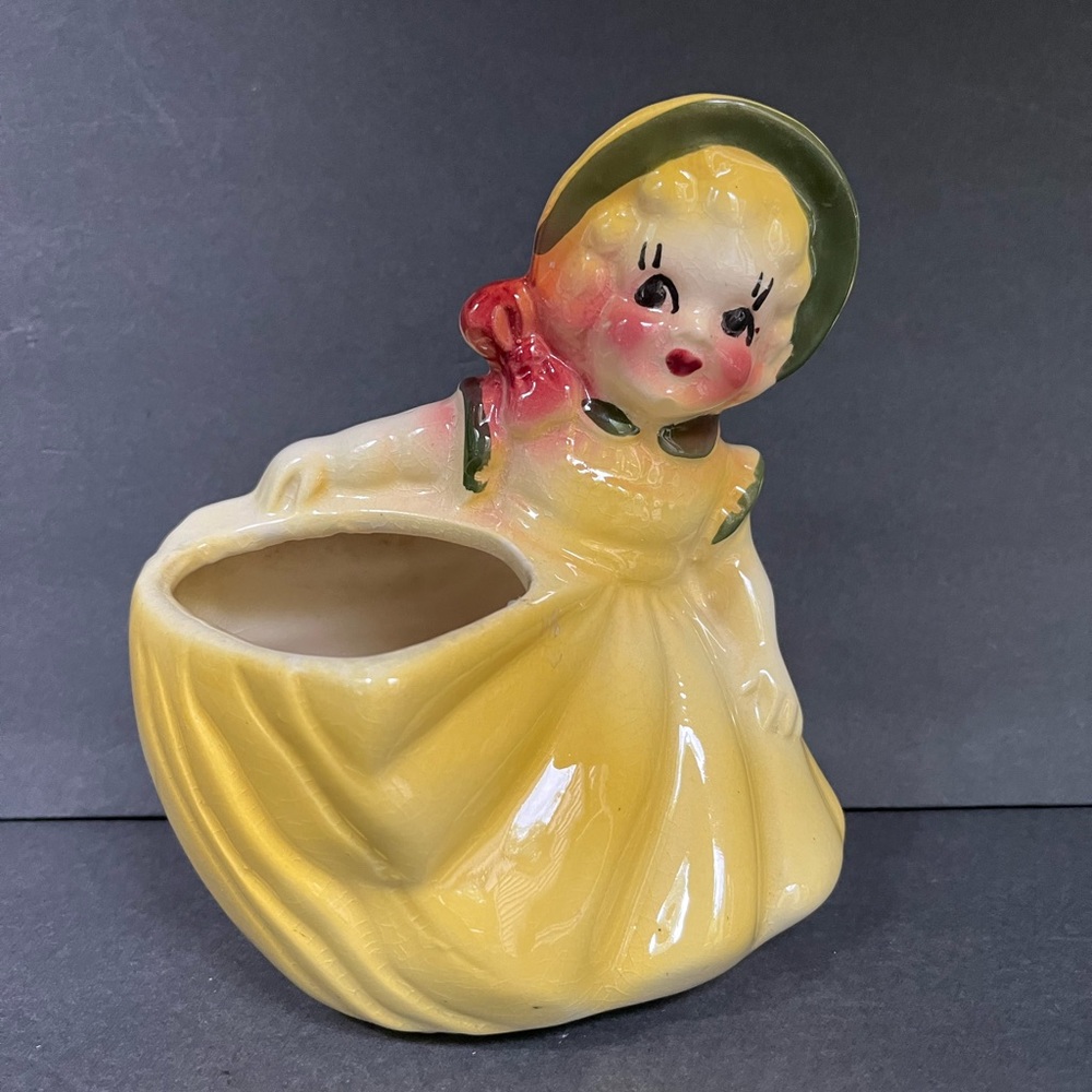 VTG Planter Girl Bonnet Yellow Dress Hand-painted Cottage Decor USA Ceramic